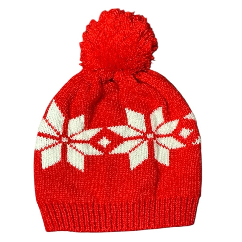 Festive Red and White Knit Beanie with Snowflake Design